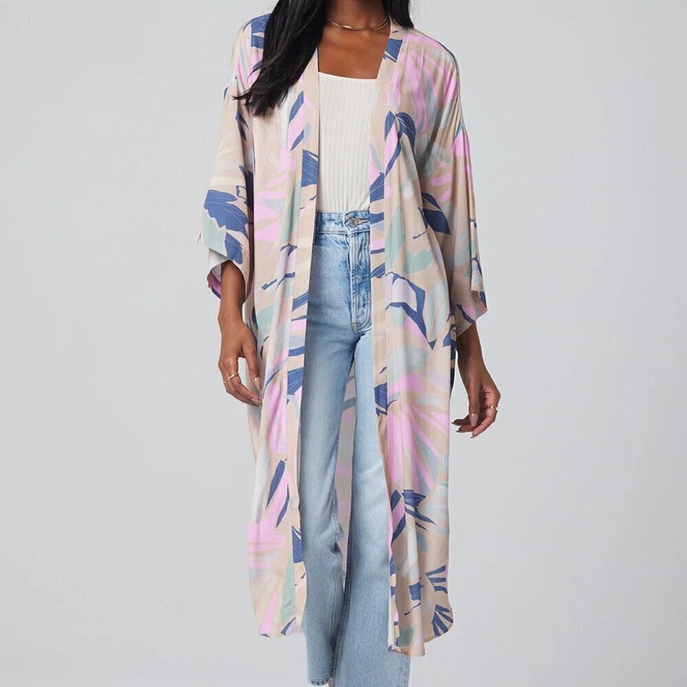 Kimono Duster Size Large Open Front Pastel Boho Coverup Beach Breezy Flowy